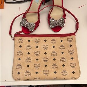 MCM Beige and Red Logo Clutch